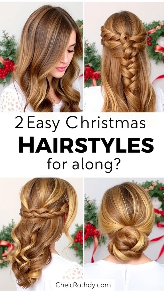 Collage of easy Christmas hairstyles for long hair: loose waves, braided crown, and low bun.